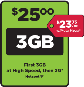 $25 plan with 3GB of data at 4G LTE speed and then at 2G. Save with Auto ReUp and get this plan for $23.75. Mobile Hotspot Capable.